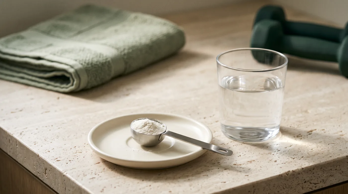 Medida com pó branco ao lado de um copo de água