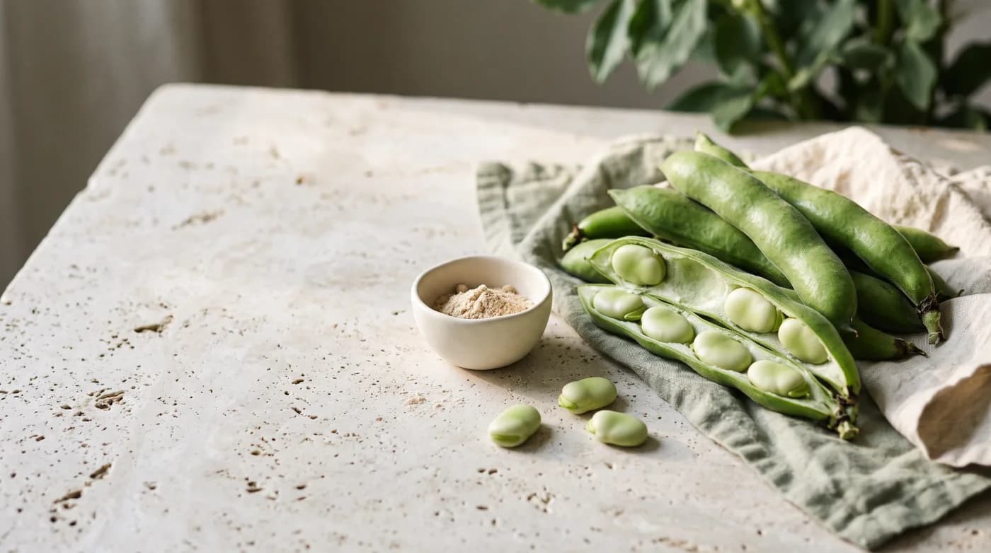 Favas verdes abertas e um pequeno recipiente de pó bege
