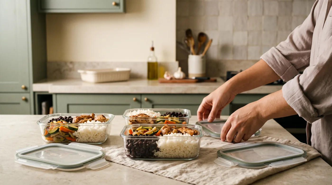 Potes com refeições prontas de arroz, feijão, frango e legumes