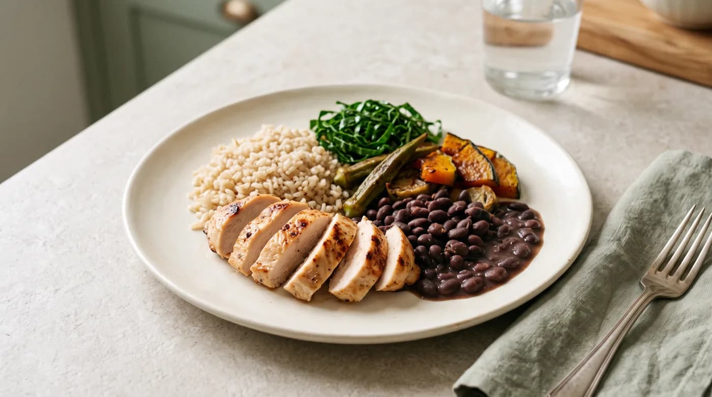 Prato com frango, feijão, arroz e legumes