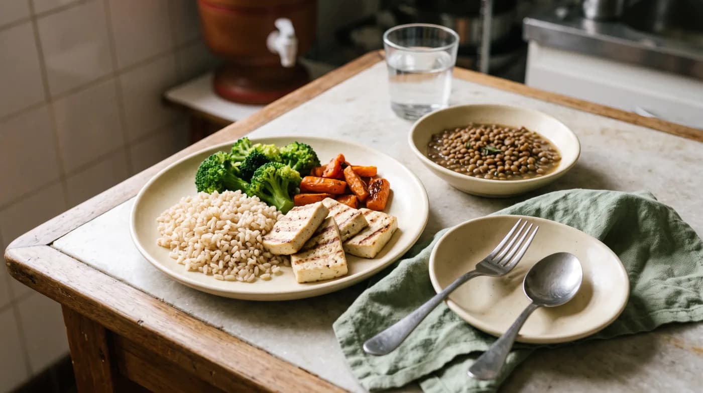 Refeição sem carne com lentilha, tofu grelhado, arroz e legumes