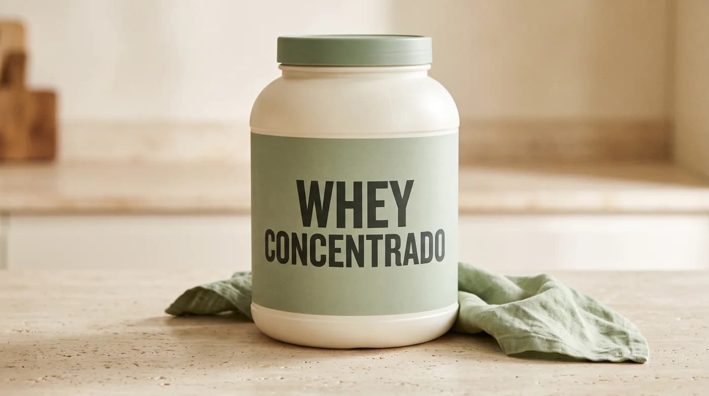 Pote ilustrativo de whey concentrado, com rótulo verde-claro