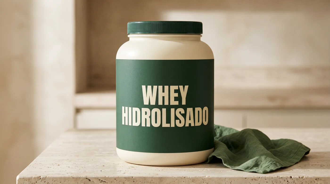 Pote ilustrativo de whey hidrolisado, com rótulo verde-escuro