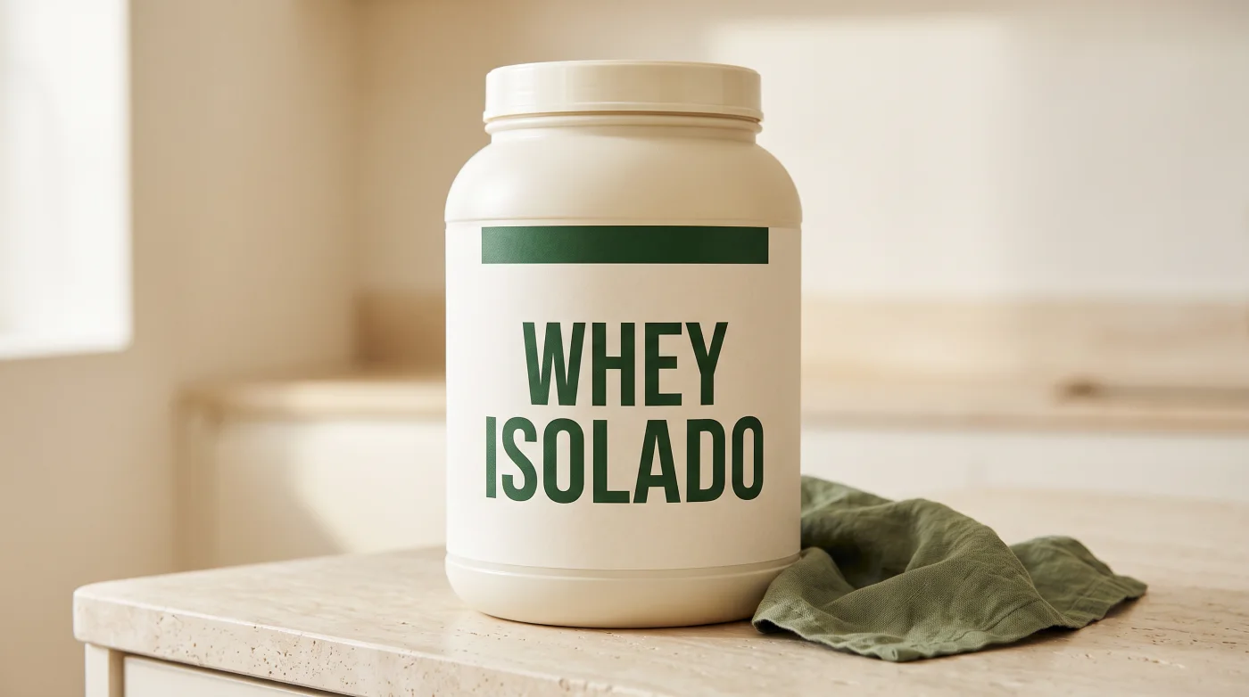 Pote ilustrativo de whey isolado, com rótulo claro
