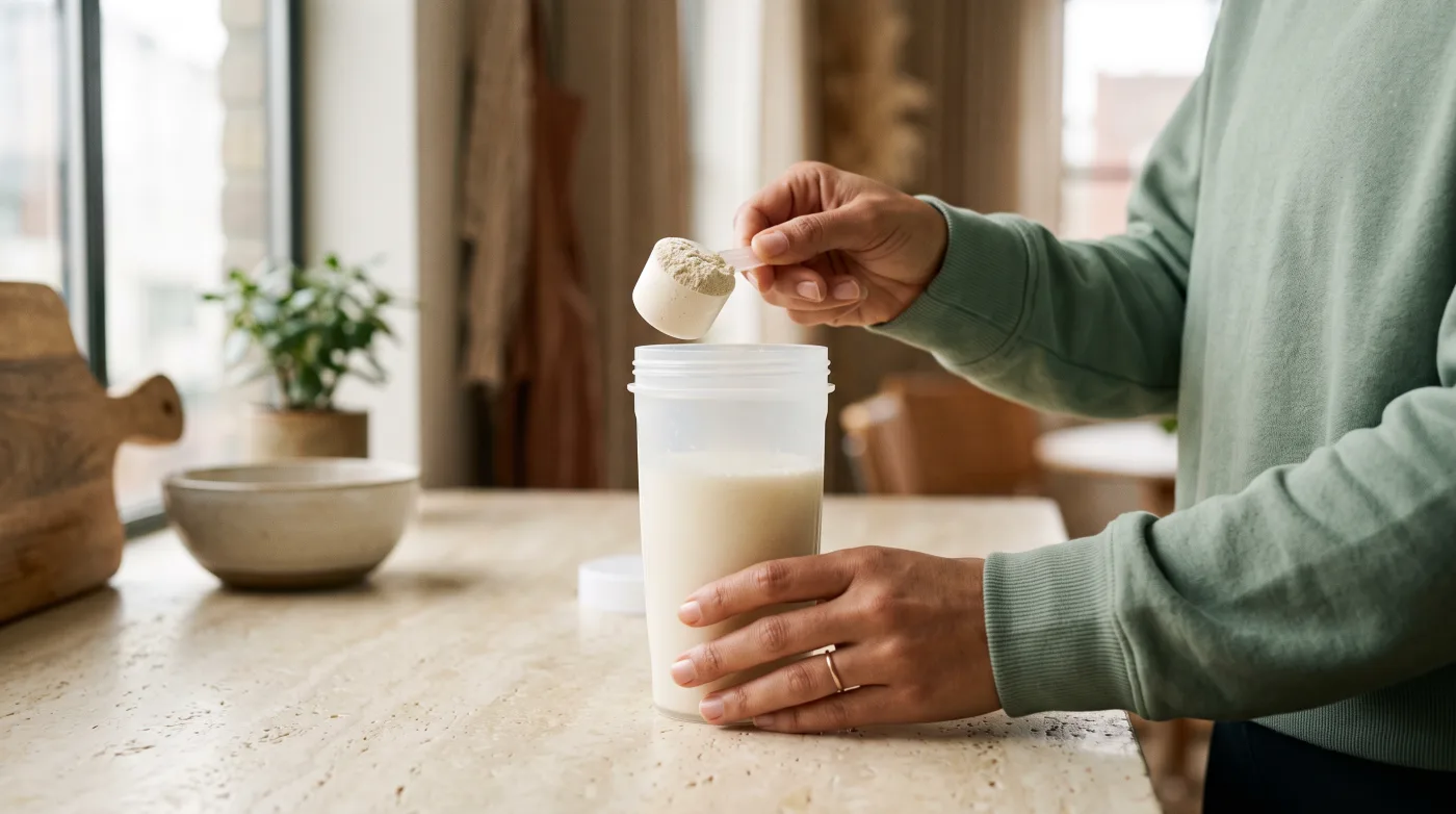 Pessoa colocando proteína em pó em um copo de bebida