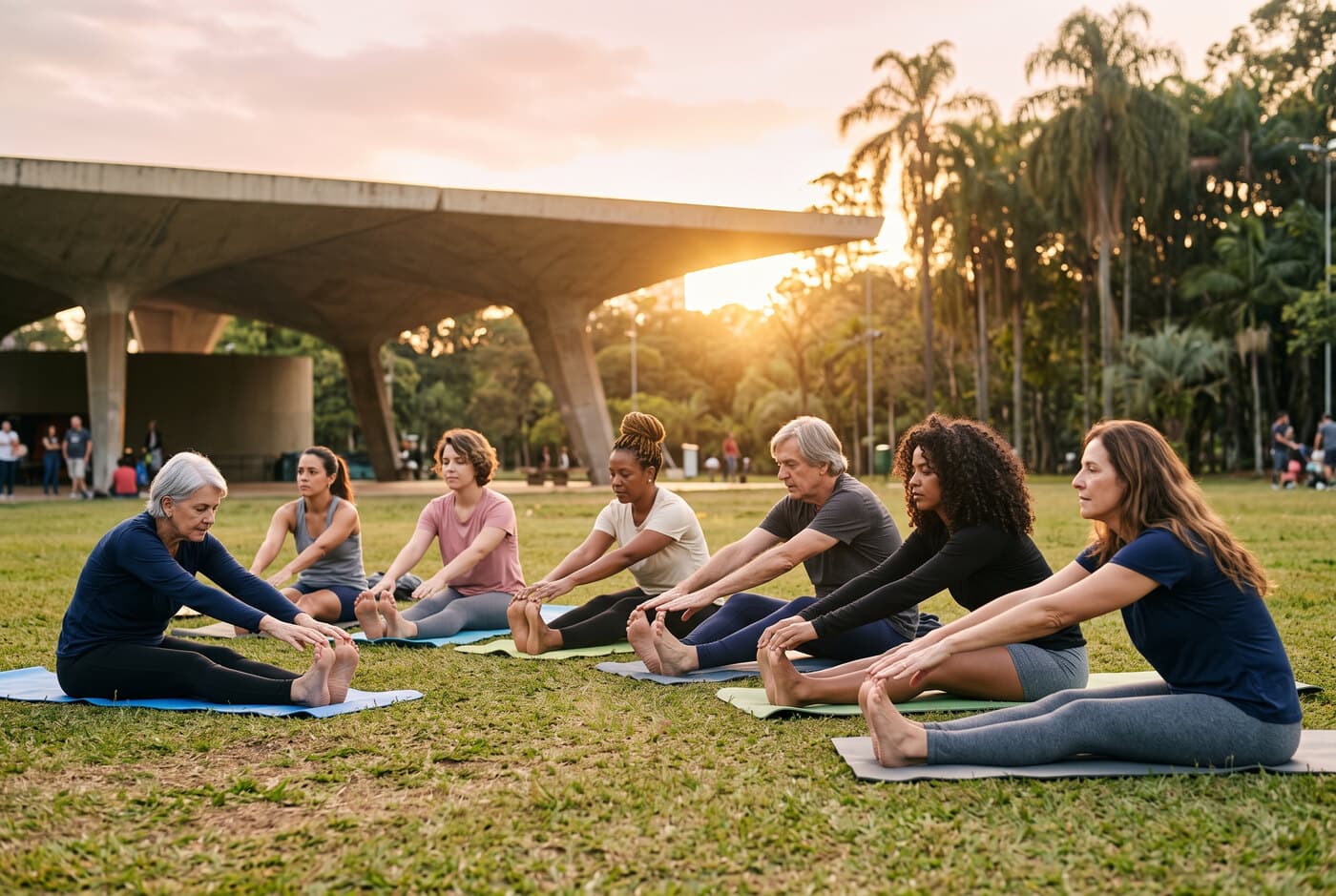 Grupo de pessoas de idades diferentes alongando-se lado a lado na grama de um parque, no fim da tarde.