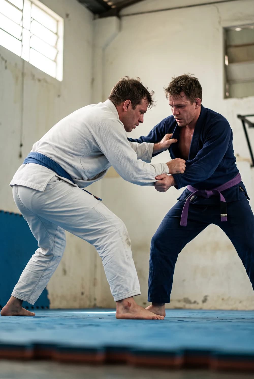 Cena ilustrativa de dois adultos treinando jiu-jítsu em uma academia de São Paulo