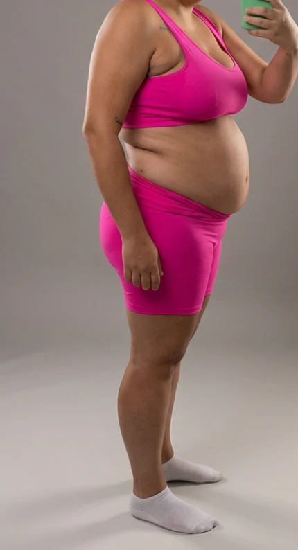 Paciente antes do acompanhamento, de perfil, de top e bermuda rosa