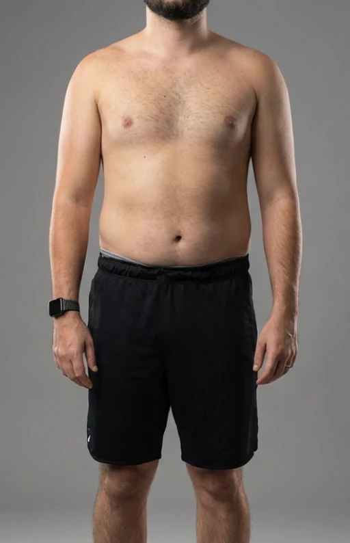 Paciente antes do acompanhamento, de frente, sem camisa
