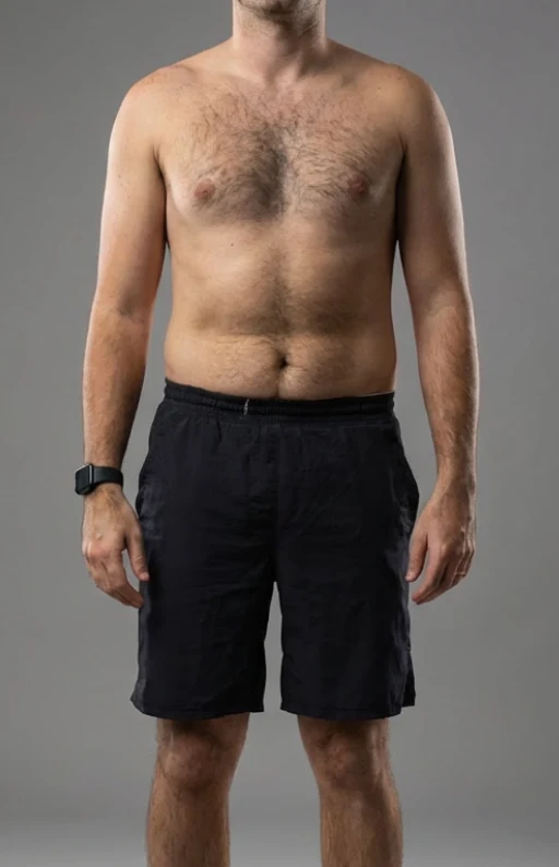 O mesmo paciente depois do acompanhamento, de frente, sem camisa