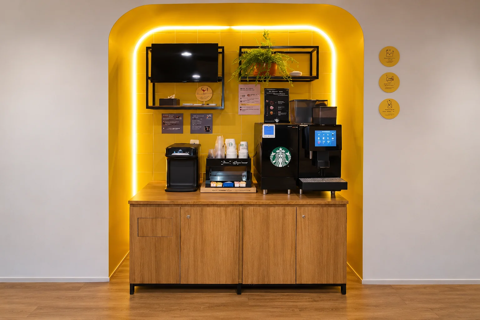 Nicho amarelo iluminado com bancada e equipamentos de café.