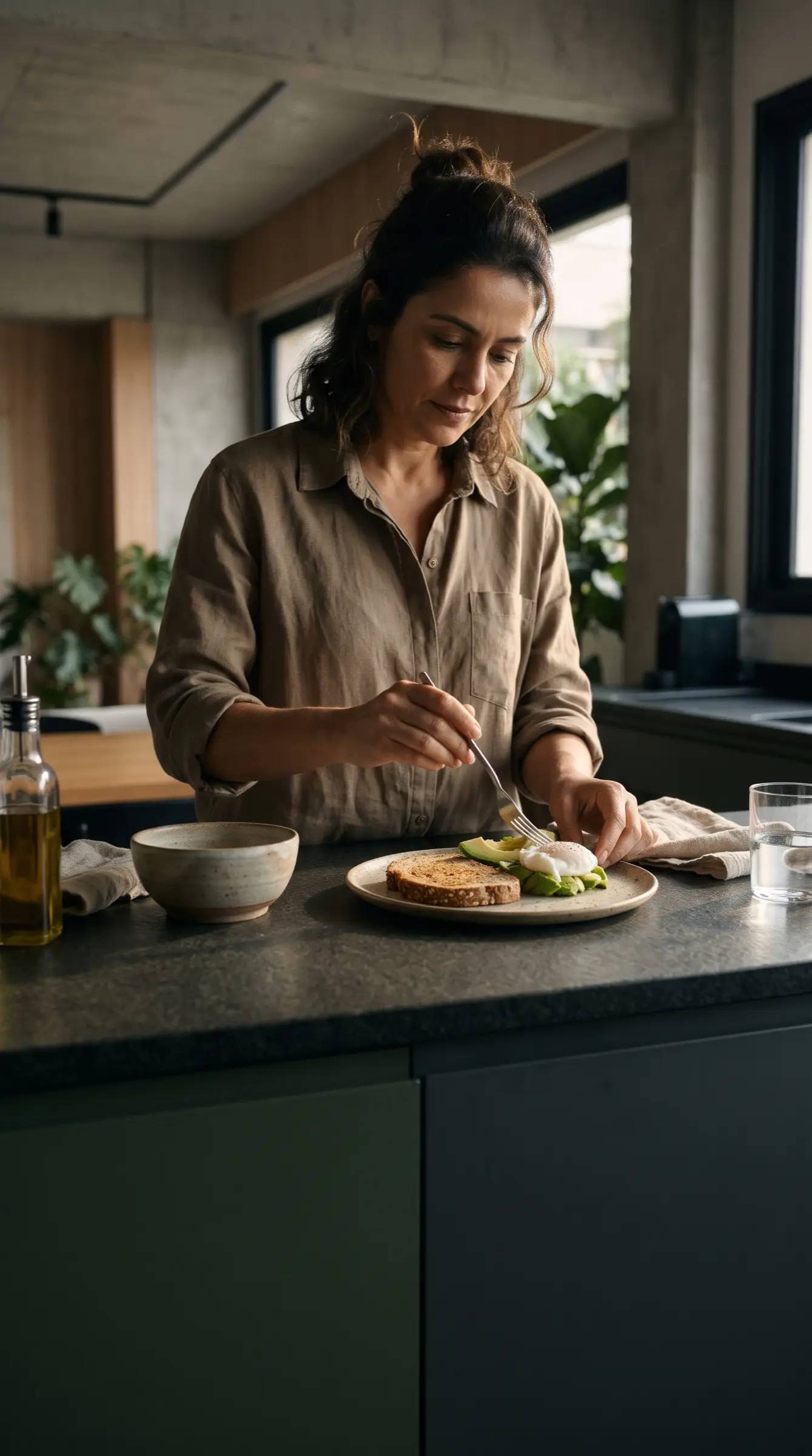 Mulher preparando uma refeição simples na cozinha de casa, em luz da manhã